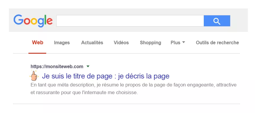 Simulation d'un résultat de recherche dans Google situant la balise <title> au dessus de la méta description